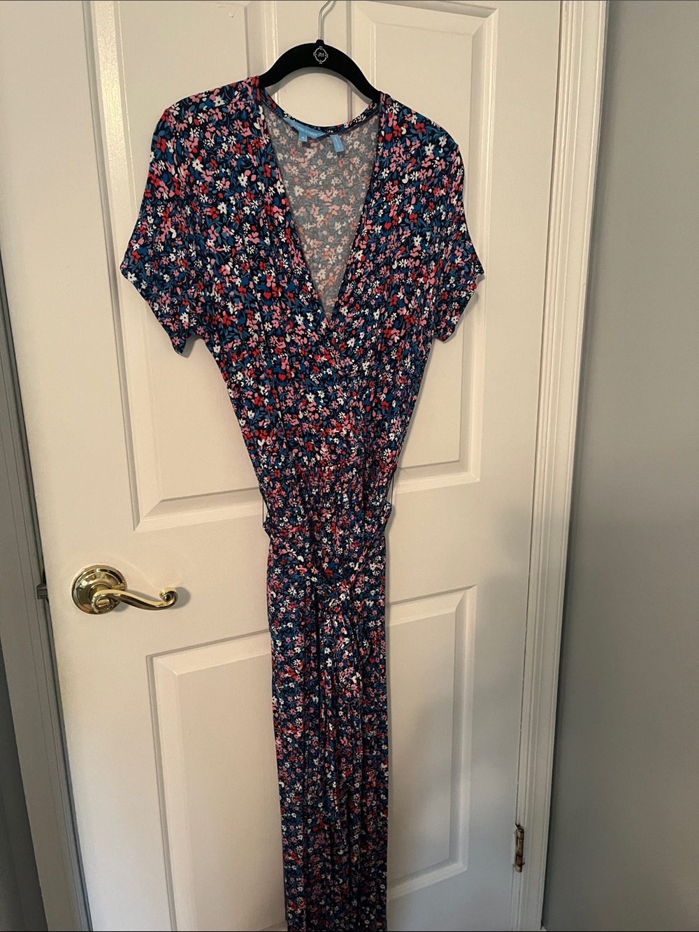 Draper James Ditsy Navy Floral Wrap Jumpsuit with Pink Accents